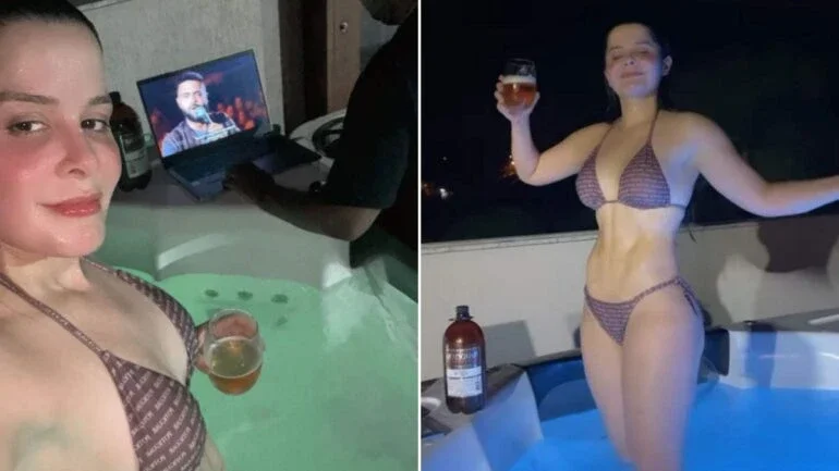 Maraisa toma chopp e posa de biquíni em banheira de mansão no interior de SP