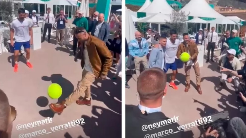 Djokovic bate bola com Neymar e Verratti durante competição de tênis