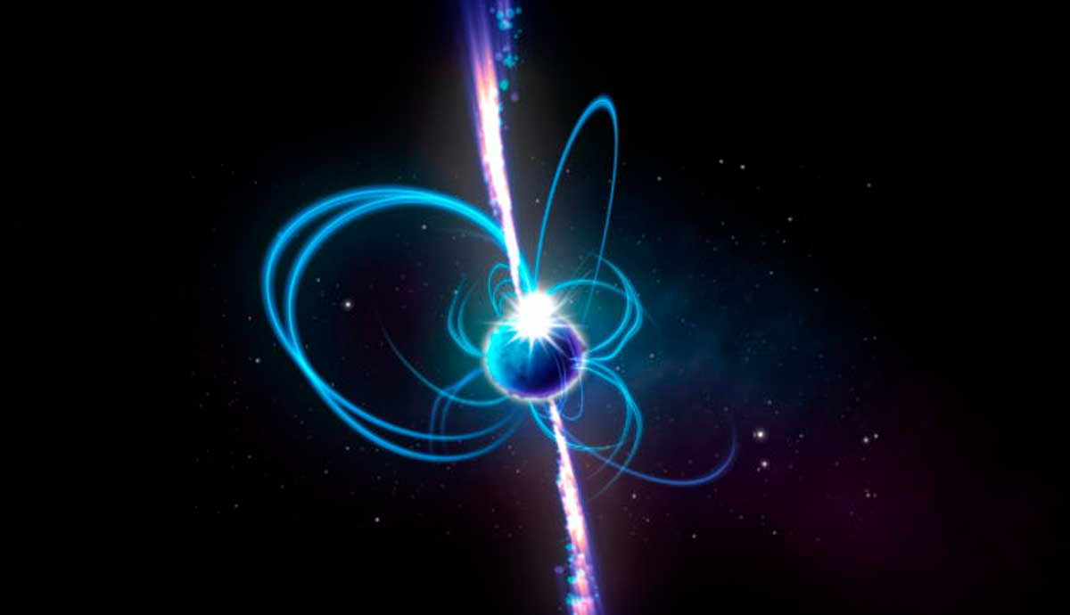Concepção artística de como o objeto pode parecer se for um magnetar. Magnetares são estrelas de nêutrons incrivelmente magnéticas, algumas das quais às vezes produzem emissão de rádio. Magnetares conhecidos giram a cada poucos segundos, mas, teoricamente, “magnetares de período ultralongo” poderiam girar muito mais lentamente. Crédito: Icrar