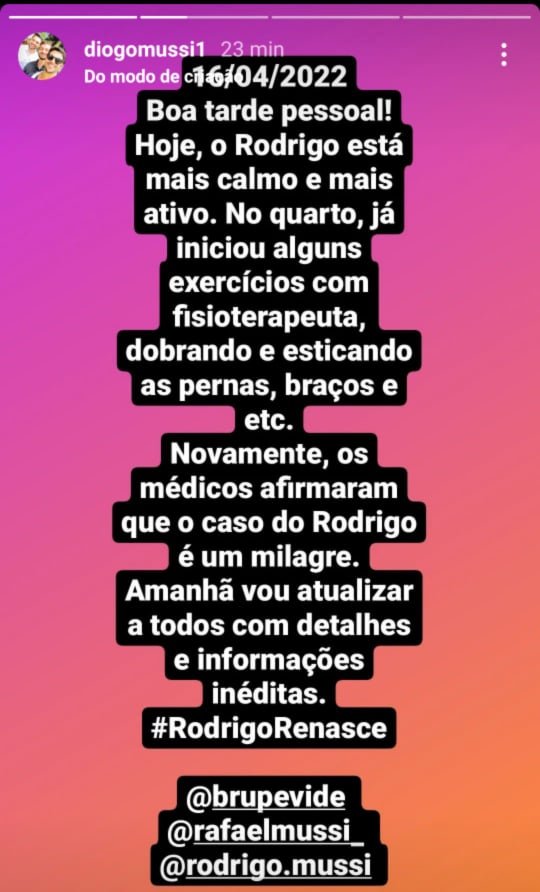 'É um milagre', diz irmão de Rodrigo Mussi após ex-BBB iniciar fisioterapia 4 'É um milagre', diz irmão de Rodrigo Mussi após ex-BBB iniciar fisioterapia