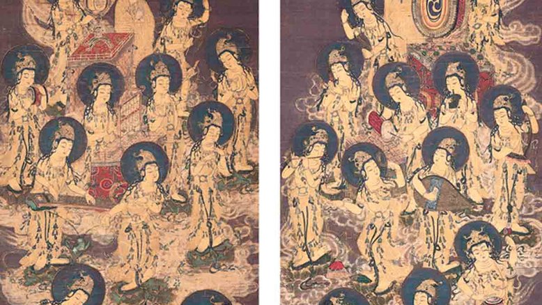 "Vinte e Cinco Bodhisattvas Descendo do Céus", pintura japonesa, c. 1300. No budismo, os bodhisattvas são almas que voltam ao plano terrestre para missões de grande importância para a coletividade. Imagem: Museu de Arte Kimbell, Texas