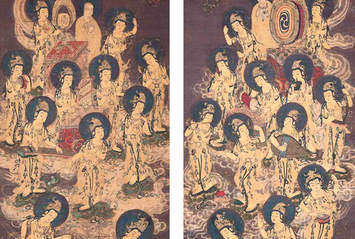 "Vinte e Cinco Bodhisattvas Descendo do Céus", pintura japonesa, c. 1300. No budismo, os bodhisattvas são almas que voltam ao plano terrestre para missões de grande importância para a coletividade. Imagem: Museu de Arte Kimbell, Texas