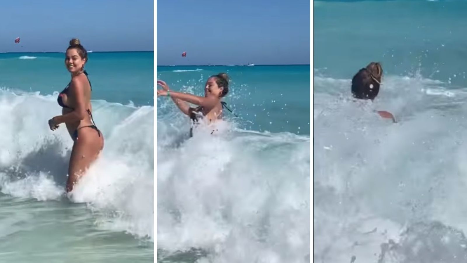Ex-BBB Isabella Cecchi tenta fazer vídeo no mar mas é pega de surpresa por uma onda