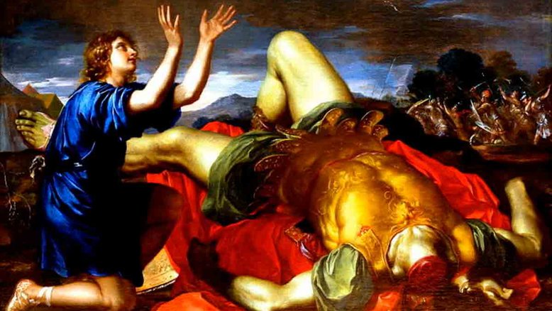 "Davi Agradecendo a Deus Depois da Morte de Golias", pintura de Charles Errard, o Jovem (século 18): o guerreiro filisteu não seria o gigante que se pensava antes. Crédito: Wikimedia