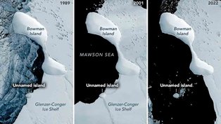 A suposta ilha, em fotos obtidas entre novembro de 1989 e janeiro de 2022. Crédito: Nasa Earth Observatory/Joshua Stevens, com dados do Landsat do US Geological Survey e do ICESat-2 do National Snow & Ice Center