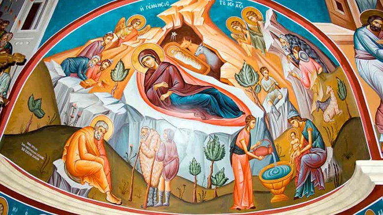 Mural de David Bjorgen na Igreja São João Batista, no rio Jordão, que retrata o nascimento de Jesus: a ideia de que o fundador do cristianismo nasceu em Belém está lastreada em apenas um dos evangelhos. Crédito: David Bjorgen/Wikimedia
