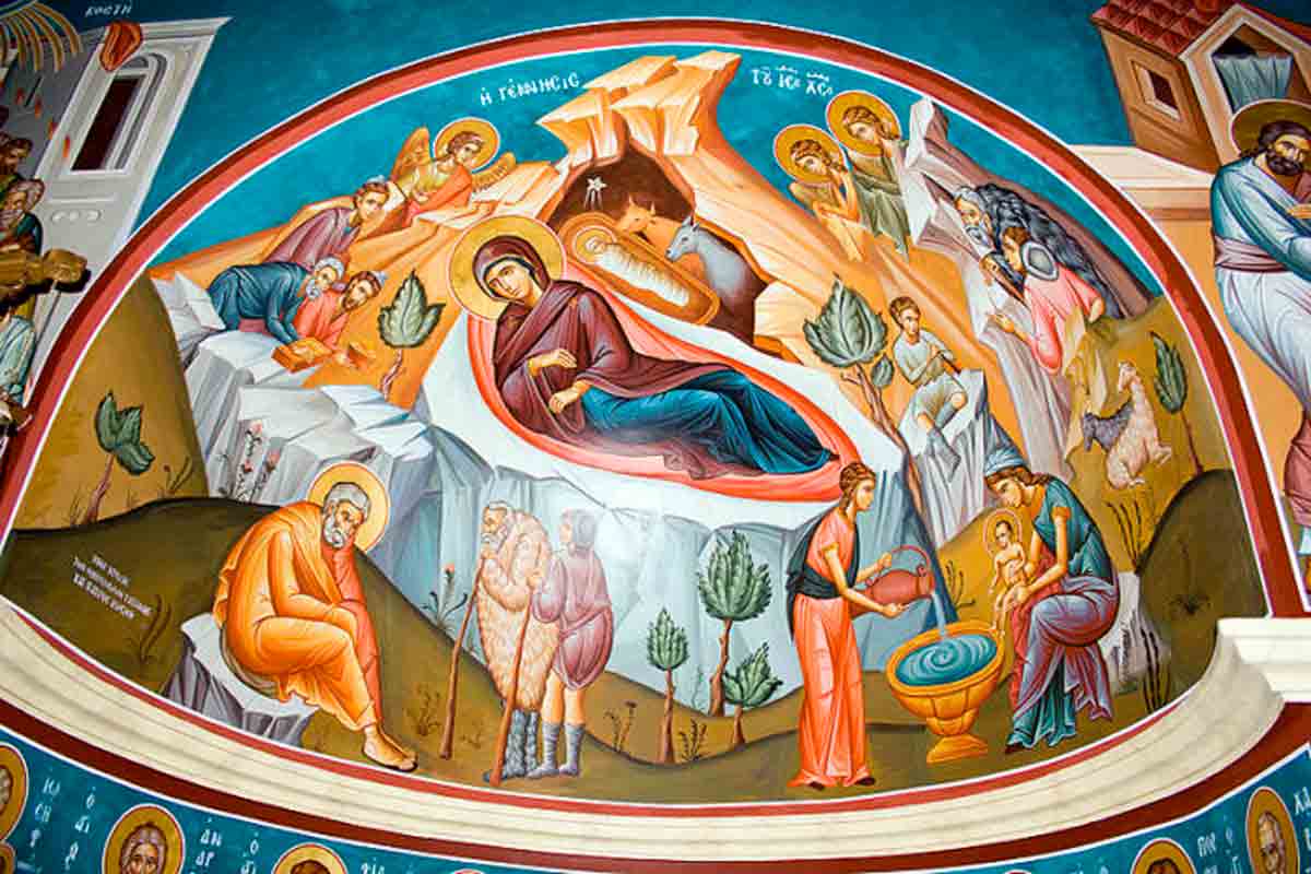 Mural de David Bjorgen na Igreja São João Batista, no rio Jordão, que retrata o nascimento de Jesus: a ideia de que o fundador do cristianismo nasceu em Belém está lastreada em apenas um dos evangelhos. Crédito: David Bjorgen/Wikimedia