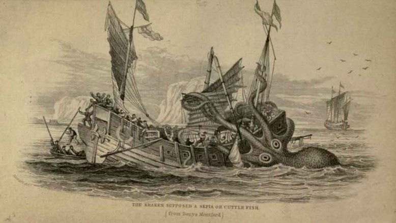Cena desenhada por W. H. Lizars de um navio sendo enlaçado e danificado por um "polvo colossal" (segundo Denys-Montfort, experimentado por marinheiros franceses na costa de Angola), mas reclassificado como um kraken aqui na gravura do livro "The Naturalist's Library", de Robert Hamilton. Crédito: Wikimedia Commons