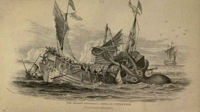 Cena desenhada por W. H. Lizars de um navio sendo enlaçado e danificado por um "polvo colossal" (segundo Denys-Montfort, experimentado por marinheiros franceses na costa de Angola), mas reclassificado como um kraken aqui na gravura do livro "The Naturalist's Library", de Robert Hamilton. Crédito: Wikimedia Commons