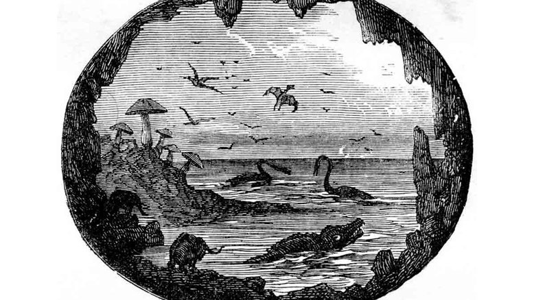 Ilustração de Édouard Riou feita em 1864 para "Viagem ao Centro da Terra", de Júlio Verne: os animais podem ser pura ficção, mas a camada desconhecida no interior do planeta é, pelo estudo, um fato