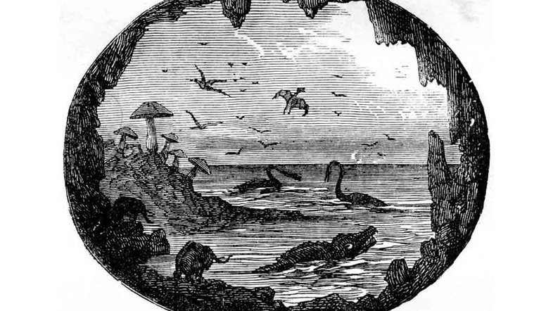 Ilustração de Édouard Riou feita em 1864 para "Viagem ao Centro da Terra", de Júlio Verne: os animais podem ser pura ficção, mas a camada desconhecida no interior do planeta é, pelo estudo, um fato