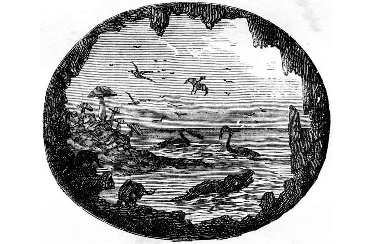Ilustração de Édouard Riou feita em 1864 para "Viagem ao Centro da Terra", de Júlio Verne: os animais podem ser pura ficção, mas a camada desconhecida no interior do planeta é, pelo estudo, um fato