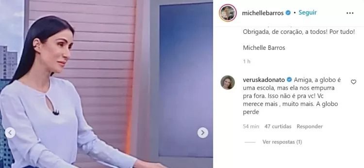 Ex-Globo critica emissora em despedida de Michelle Barros: 'Merece mais'