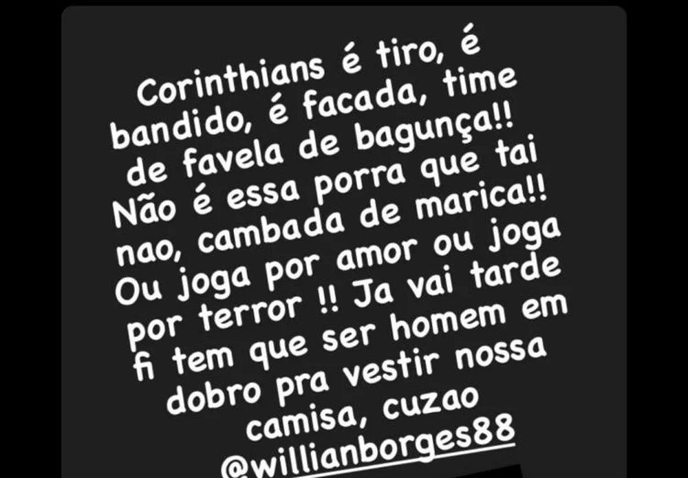 Willian, do Corinthians, volta a denunciar ameaças à família na delegacia