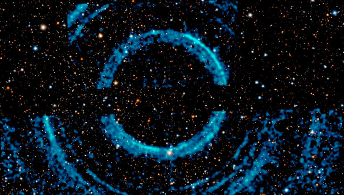 Anéis em torno do buraco negro em V404 Cygni: imagem impressionante. Crédito: raios X: Nasa/CXC/U.Wisc-Madison/S. Heinz et al.; óptico/IR: Pan-STARR