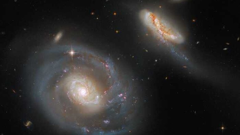 Esta imagem, feita pelo Telescópio Espacial Hubble da NASA/ESA, mostra Arp 298, um par de galáxias em interação. A maior delas é a galáxia espiral barrada NGC 7469 e IC 5283 é sua companheira diminuta. NGC 7469 também abriga um buraco negro supermassivo ativo e um anel brilhante composto por aglomerados de estrelas. Esse belo conjunto está a cerca de 200 milhões de anos-luz da Terra, na direção da Constelação do Pégaso.