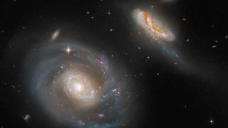 Esta imagem, feita pelo Telescópio Espacial Hubble da NASA/ESA, mostra Arp 298, um par de galáxias em interação. A maior delas é a galáxia espiral barrada NGC 7469 e IC 5283 é sua companheira diminuta. NGC 7469 também abriga um buraco negro supermassivo ativo e um anel brilhante composto por aglomerados de estrelas. Esse belo conjunto está a cerca de 200 milhões de anos-luz da Terra, na direção da Constelação do Pégaso.