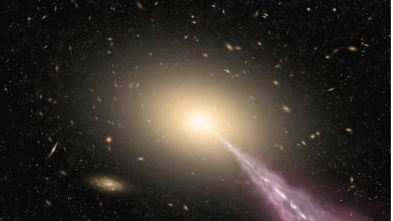 Concepção artística de uma galáxia gigante com um jato de alta energia. Crédito: ALMA (ESO/NAOJ/NRAO)