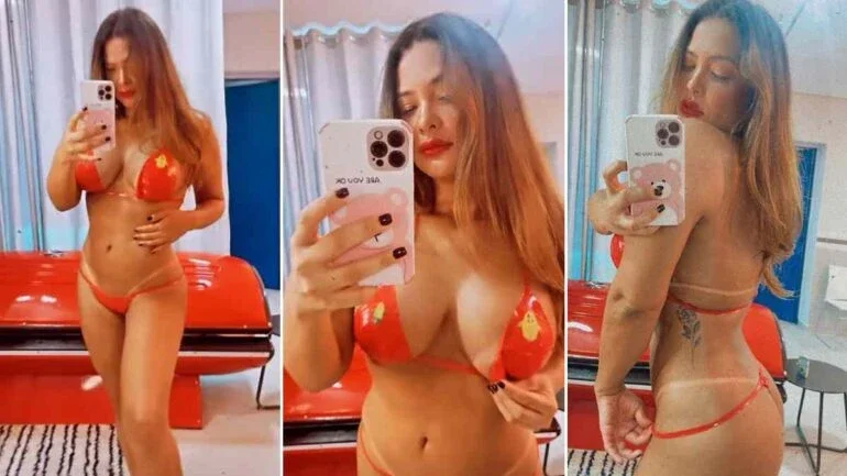 Geisy Arruda sensualiza e mostra bronzeado com biquíni de fita: 