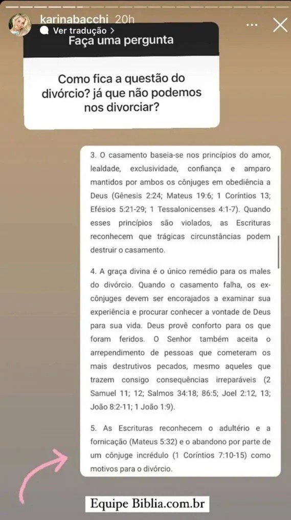 Questionada sobre divórcio, Karina Bacchi cita adultério e Bíblia