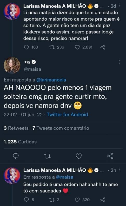 Larissa Manoela diz que precisa namorar e Maisa brinca: 'Pelo menos uma viagem solteira comigo' 2 Larissa Manoela diz que precisa namorar e Maisa brinca: 'Pelo menos uma viagem solteira comigo'