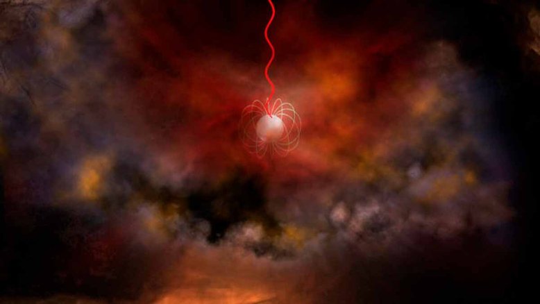 Concepção artística de uma estrela de nêutrons com um campo magnético ultraforte, chamado magnetar, emitindo ondas de rádio (vermelho). Magnetares são candidatos bem promissores para a origem das FRBs. Crédito: Bill Saxton, NRAO/AUI/NSF