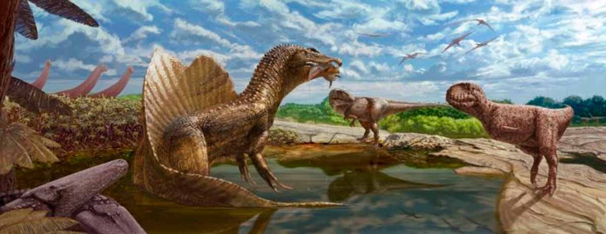 Reconstituição artística do ecossistema do oásis de Bahariya na parte egípcia do deserto do Saara há cerca de 98 milhões de anos, mostrando a diversidade de grandes terópodes (dinossauros predadores). O recém-descoberto abelissaurídeo, ainda sem nome (direita), confronta um espinossauro (centro-esquerda, com peixes nas mandíbulas) e um carcarodontossauro (centro-direita). Ao fundo, uma manada do saurópodes (dinossauro herbívoro gigante de pescoço comprido) paralititan (esquerda) observa cautelosamente esses predadores, enquanto um bando de um pterossauros (réptil voador) ainda sem nome paira acima. Crédito: Andrew McAfee, Museu Carnegie de História Natural