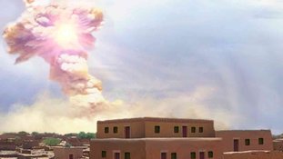 Recriação artística da explosão baseada em evidências, que teve o poder de mil bombas de Hiroshima. Crédito: Allen West e Jennifer Rice, CC BY-ND