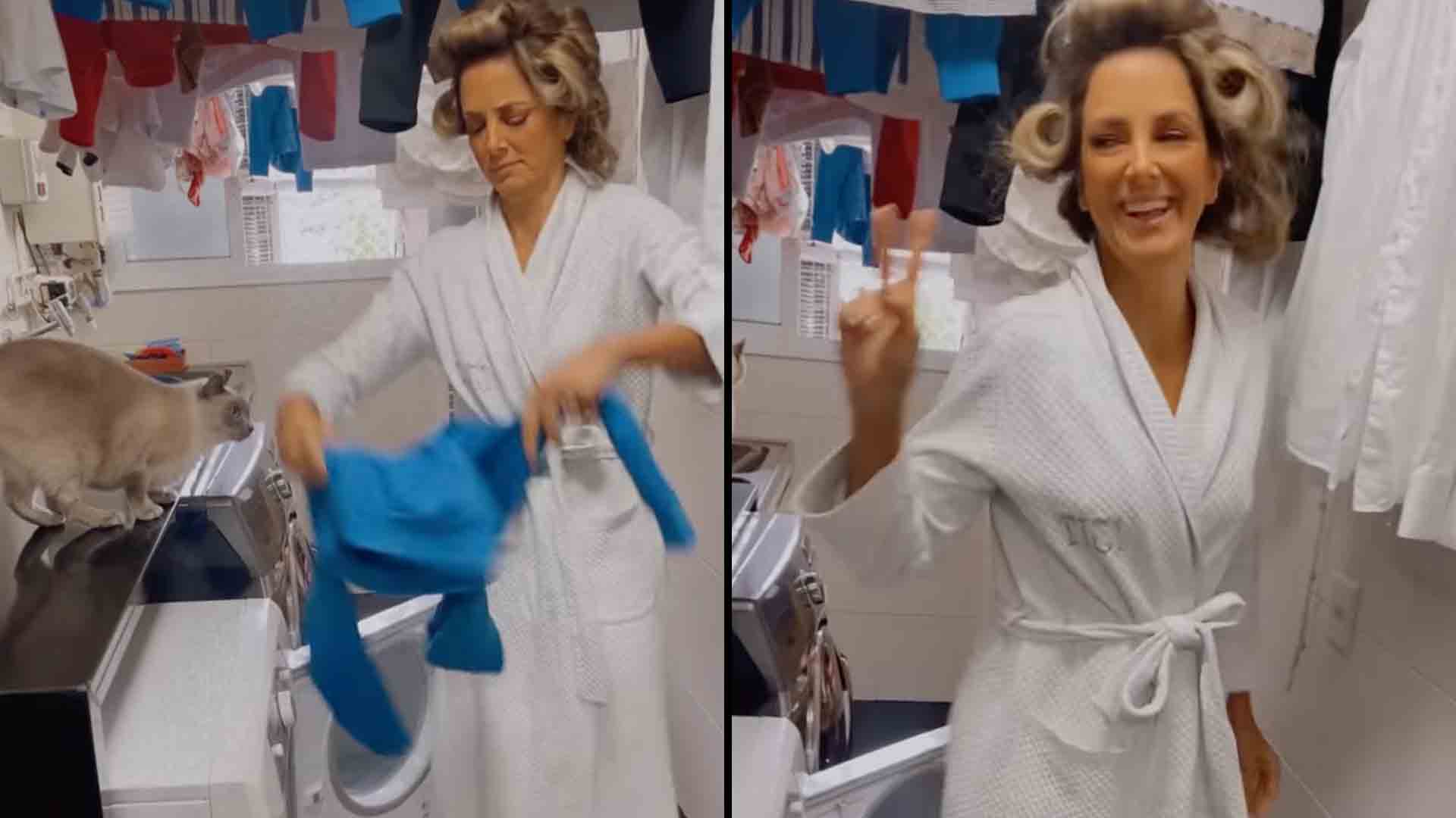 Ticiane Pinheiro surpreende seguidores ao aparecer lavando roupa de bobes no cabelo