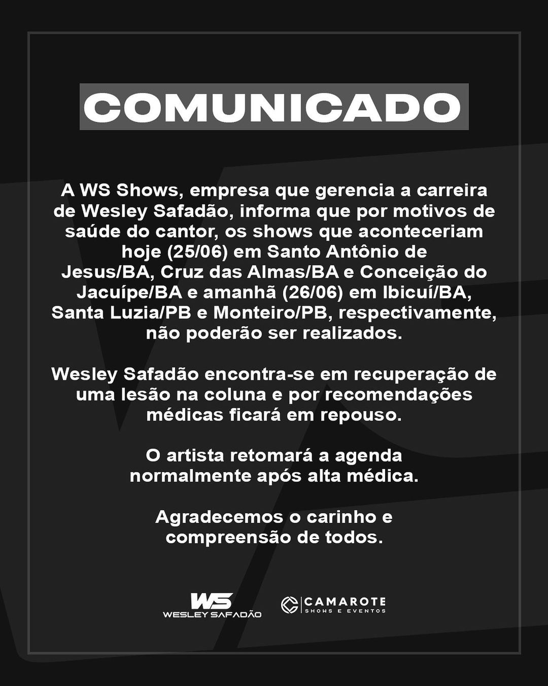 Wesley Safadão lesiona coluna e suspende shows: ‘Em breve estaremos juntos novamente’