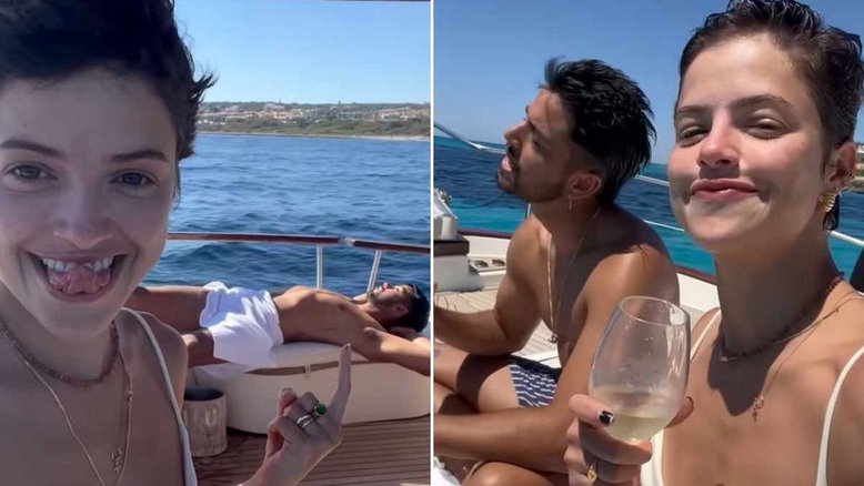 Agatha Moreira e Rodrigo Simas curtem passeio de barco pelo litoral espanhol