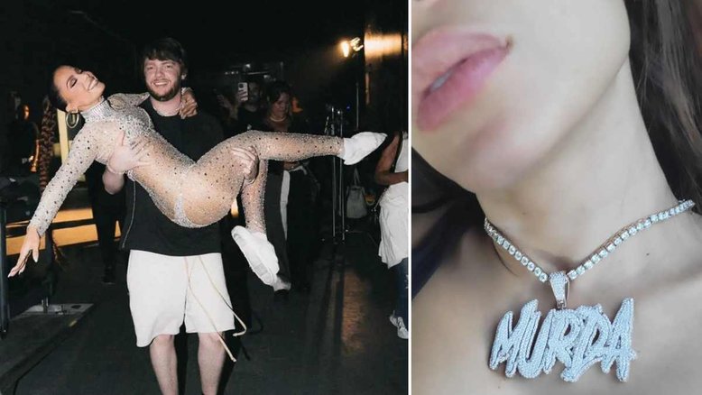 Anitta usa colar de pedras gigante com o nome do namorado, Murda Beatz