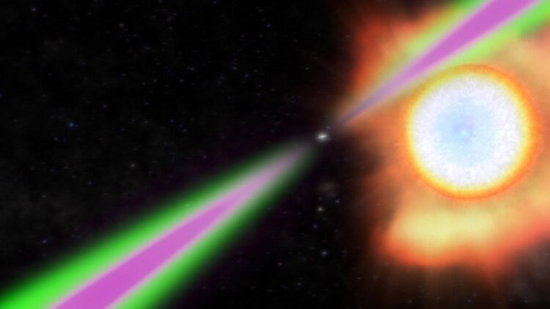 Estrela de nêutrons girando periodicamente balança seus feixes de rádio (verde) e raios gama (magenta) passando pela Terra no conceito deste artista de um pulsar de viúva negra. A estrela/pulsar de nêutrons aquece o lado oposto de sua parceira estelar (direita) a temperaturas duas vezes mais quentes que a superfície do Sol e a evapora lentamente. Crédito: Goddard Space Flight Center/Nasa