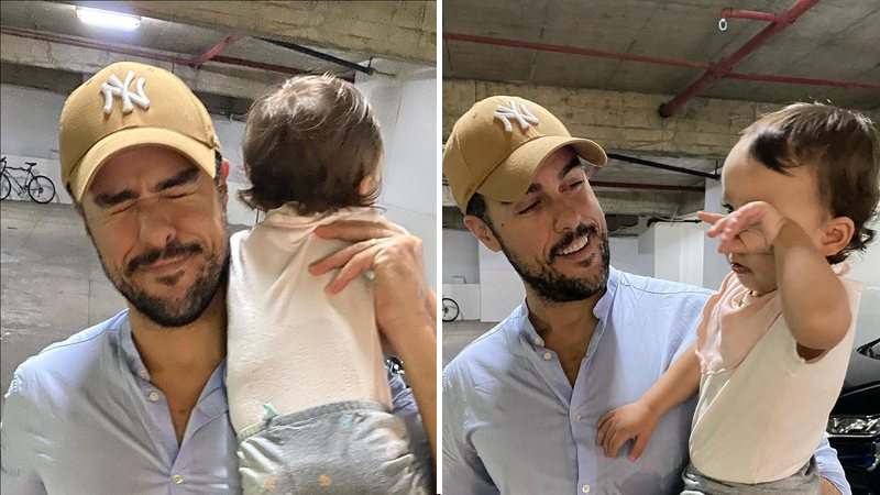 Joaquim Lopes surge com bebê no colo e mostra camisa suja: ‘Vazou, né, filha?’