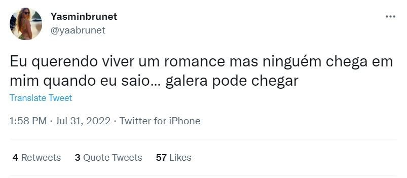 'Querendo viver um romance, mas ninguém chega em mim', diz Yasmin Brunet