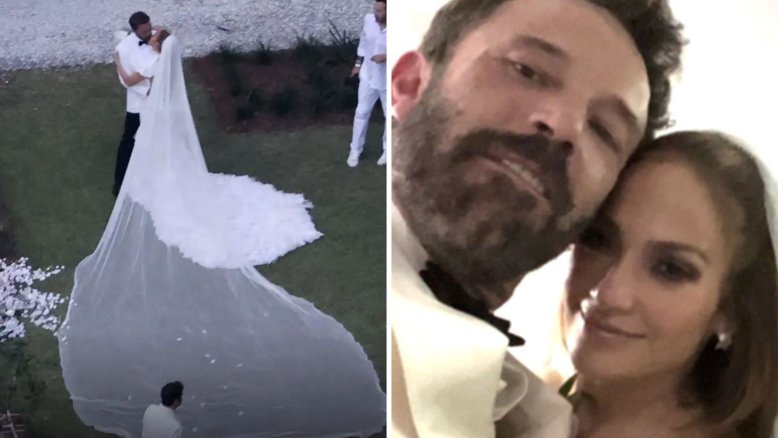A cantora usou um vestido de noiva com uma calda de cerca de 6 metros.