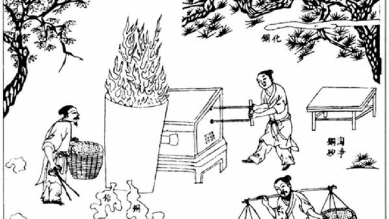 Representação de um forno chinês produzindo cobre e chumbo extraída de um texto posterior ao "Kaogong ji ", intitulado “Tian Gong Kai Wu”, da dinastia Ming. Crédito: Dr. Liu