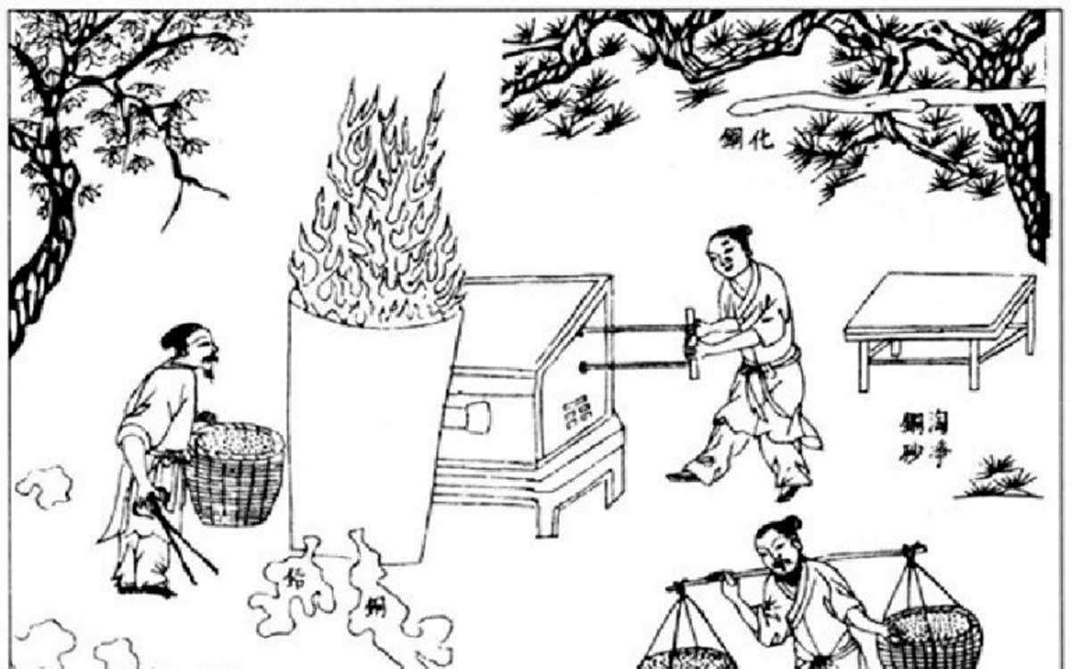 Representação de um forno chinês produzindo cobre e chumbo extraída de um texto posterior ao "Kaogong ji ", intitulado “Tian Gong Kai Wu”, da dinastia Ming. Crédito: Dr. Liu