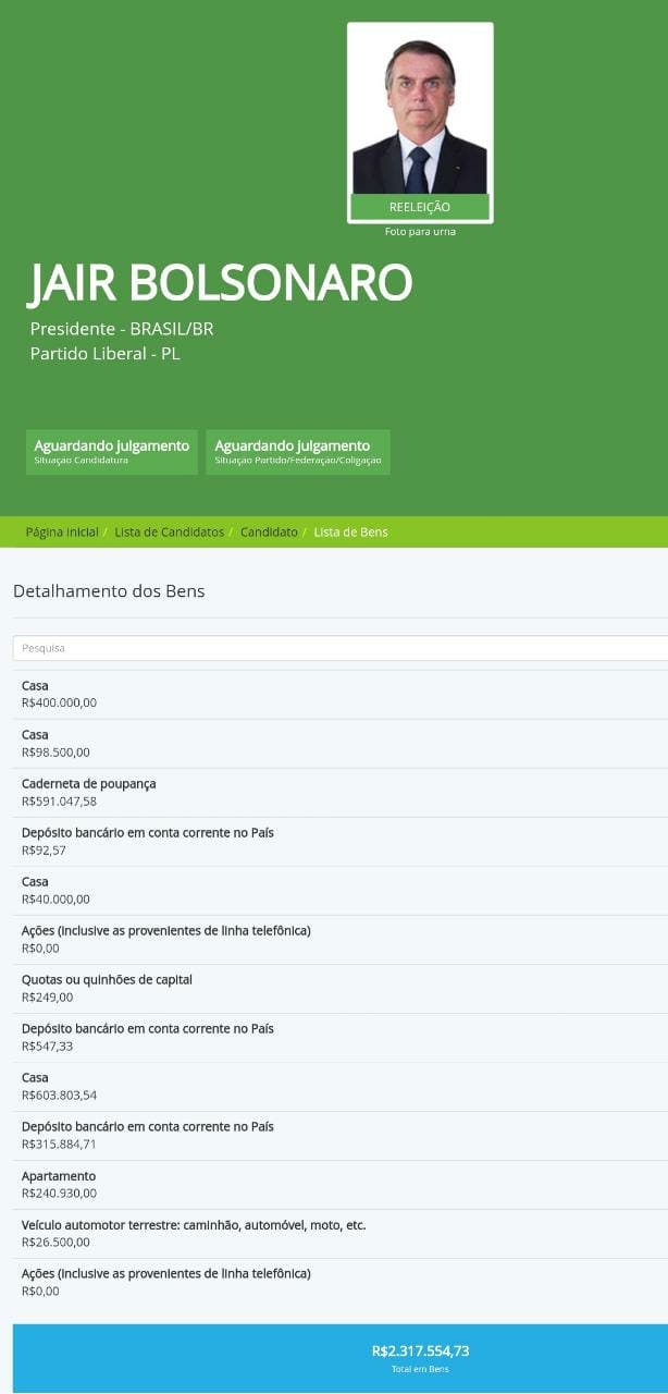 Bolsonaro e Braga Netto divulgam lista de bens no portal do TSE