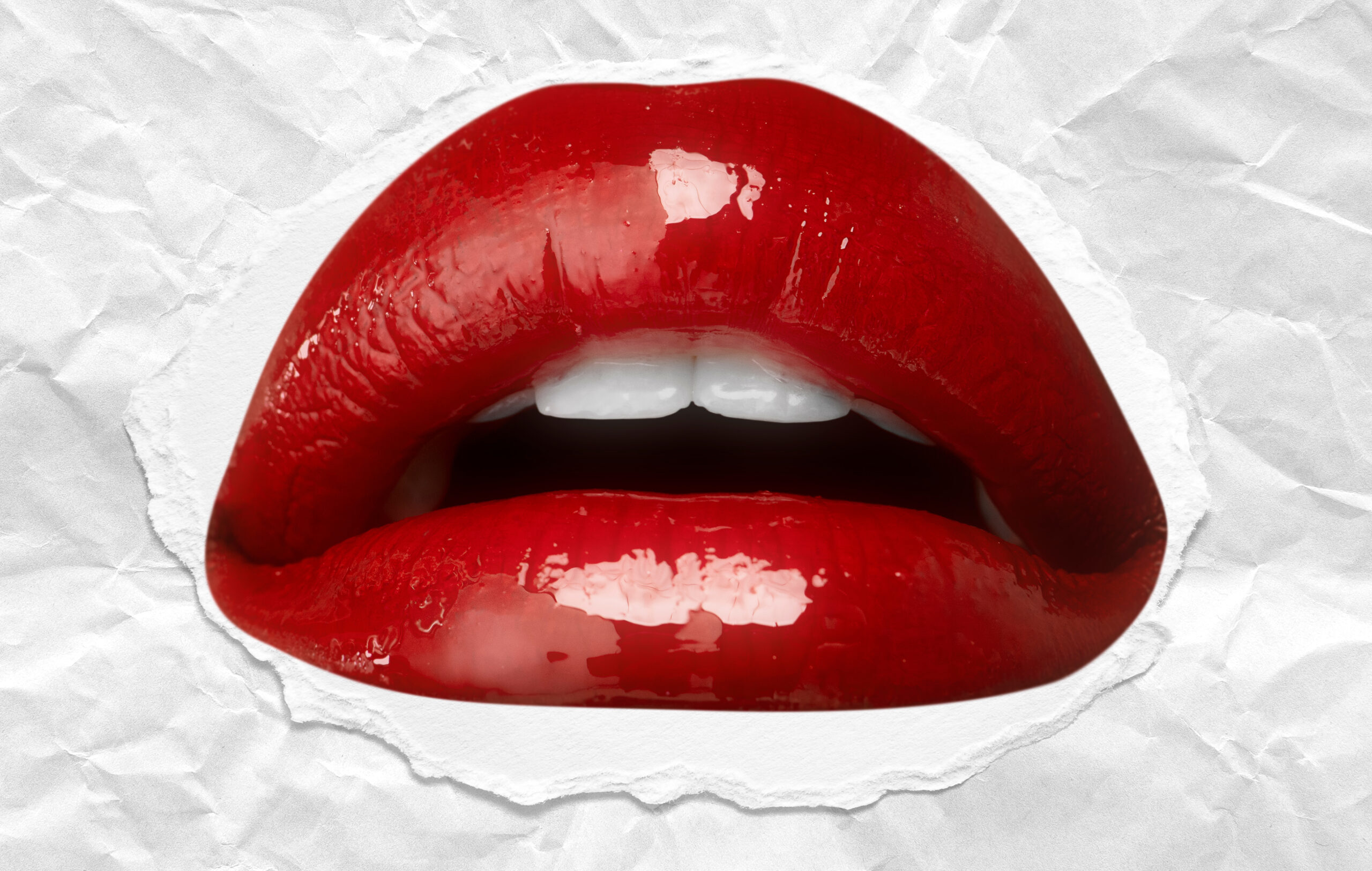 imagem de boca feminina com batom vermelho recortada de revista, 69, dicas sexo oral