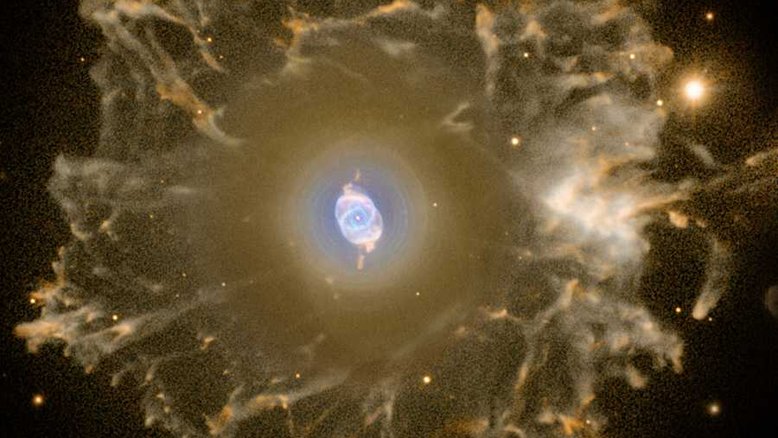 Localizada a cerca de 3,3 mil anos-luz, na direção da Constelação de Draco, a Nebulosa Olho de Gato (NGC 6543) é uma das mais conhecidas nebulosas planetárias. Suas simetrias são notadas na região central desta imagem com cores falsas, que foi processada especialmente para revelar o halo de material gasoso que a circunda, com mais de três anos-luz de diâmetro. Feita com dados do Telescópio Óptico Nórdico, nas Ilhas Canárias, a imagem composta mostra a emissão estendida da nebulosa. Embora considere-se que a fase de nebulosa planetária dure cerca de 10 mil anos, estima-se que as porções filamentosas externas desse halo tenham entre 50 mil e 90 mil anos. As nebulosas planetárias representam a fase final da vida de uma estrela parecida com o Sol
