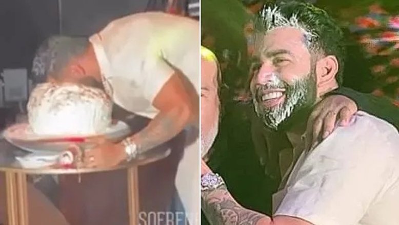Todo lambuzado de bolo, Gusttavo Lima comemora aniversário com famosos