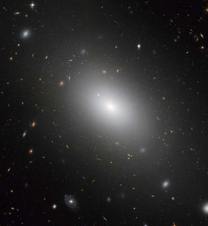 A galáxia NGC 1132 é, muito provavelmente, um fóssil cósmico ou o resultado de um enorme empilhamento de múltiplas galáxias. Colisão após colisão, construiu-se uma galáxia elíptica gigante e brilhante, mas difusa. Junto às pequenas galáxias anãs que a cercam, ela forma o "grupo fóssil" com restos de inúmeras galáxias que se fundiram. Nesta imagem, NGC 1132 está cercada por milhares de aglomerados globulares antigos, que são sobreviventes da ruptura de suas galáxias-mãe. NGC 1132 está a 300 milhões de anos-luz de distância, na Constelação de Eridanus