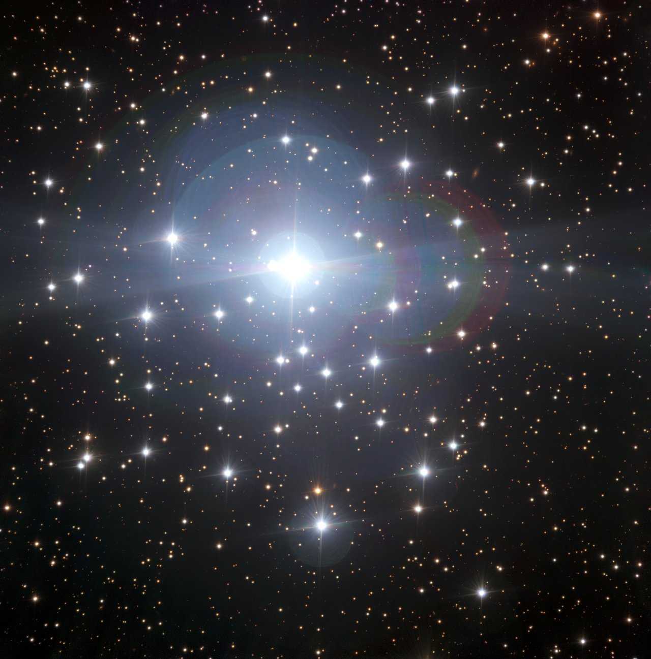 No centro desta imagem está o massivo sistema estelar múltiplo Tau Canis Majoris, o membro mais brilhante de seu aglomerado homônimo (NGC 2362), com muitas estrelas jovens de apenas quatro ou cinco milhões de anos. NGC 2362 é um aglomerado aberto, ou seja, um grupo de estrelas nascidas da mesma nuvem molecular. Isso significa que todos os habitantes do aglomerado compartilham uma composição química comum e estão frouxamente ligados pela gravidade. O Aglomerado Tau Canis Majoris fica a cerca de 5 mil anos-luz de distância, na Constelação do Cão Maior
