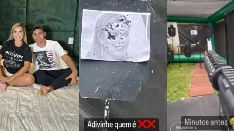 A Fazenda: Filho de Deolane gera polêmica ao fazer treinamento de tiro usando foto de Deborah