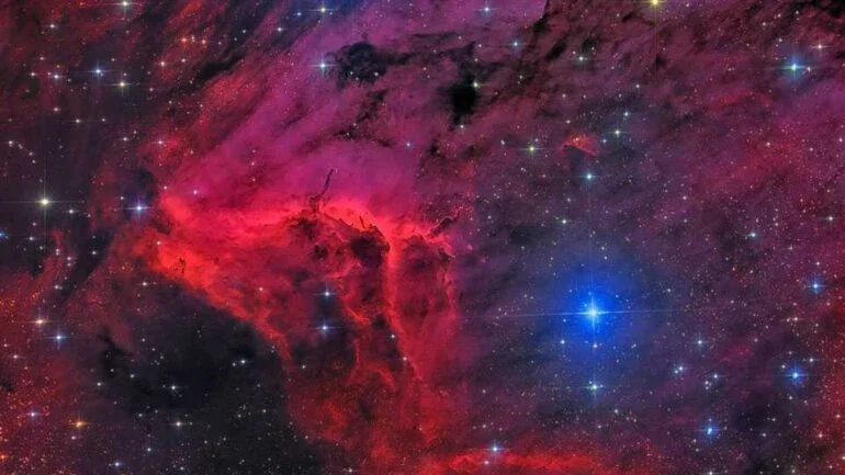 Oficialmente designada IC 5070, a Nebulosa do Pelicano se separa da Nebulosa da América do Norte (NGC 7000) por uma nuvem molecular cheia de poeira escura. Pelicano, no entanto, é particularmente interessante porque é uma mistura incomumente ativa de formação de estrelas e nuvens de gás em evolução. A imagem destaca, em vermelho, a luz emitida pelo hidrogênio interestelar. A luz ultravioleta, mais azulada, é emitida por jovens estrelas energéticas que estão transformando gás frio em quente. A fronteira conhecida como frente de ionização está visível em vermelho brilhante, no centro da imagem. IC 5070 e NGC 7000 estão localizadas em meio à Constelação do Cisne