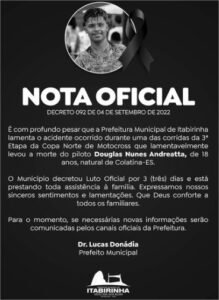 Piloto morre aos 18 anos após grave queda em prova de motocross