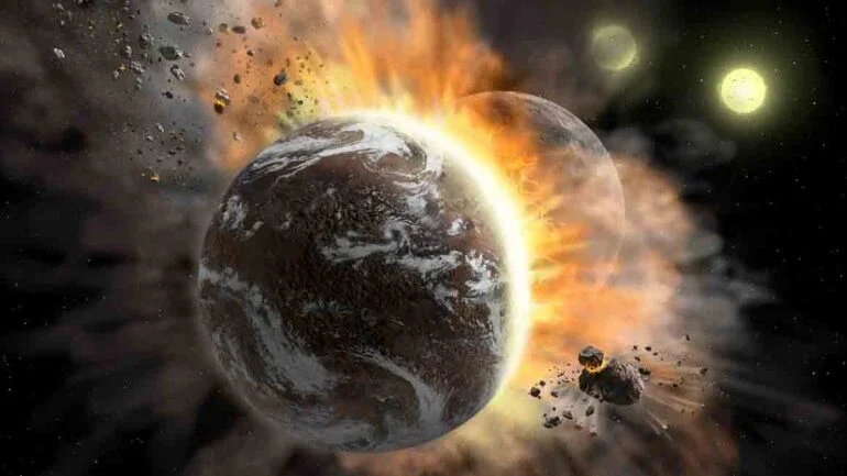 Concepção artística do choque dos exoplanetas: a poeira aquecida num sistema estelar já maduro foi a principal evidência da colisão. Crédito: Nasa/SOFIA/Lynette Cook