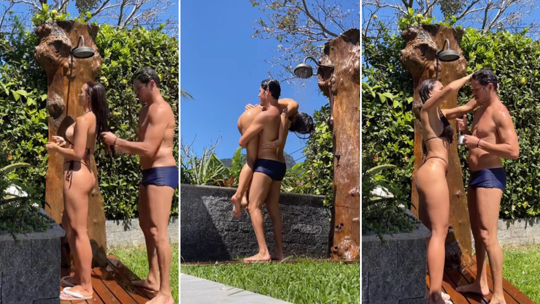 Rafa Kalimann e José Loreto tratam cabelo em banho ao ar livre: 'Afeto em abundância'