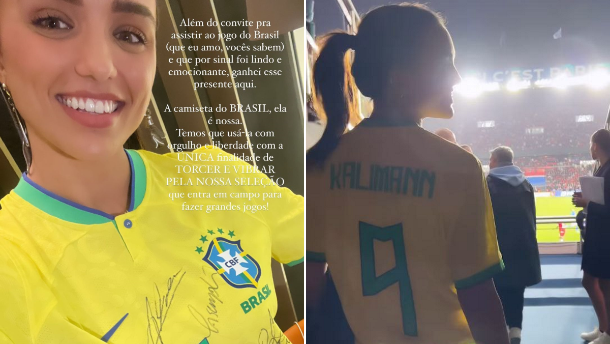 Rafa Kalimann assiste no estádio goleada do Brasil e ganha camisa da seleção: 'Ela é nossa'